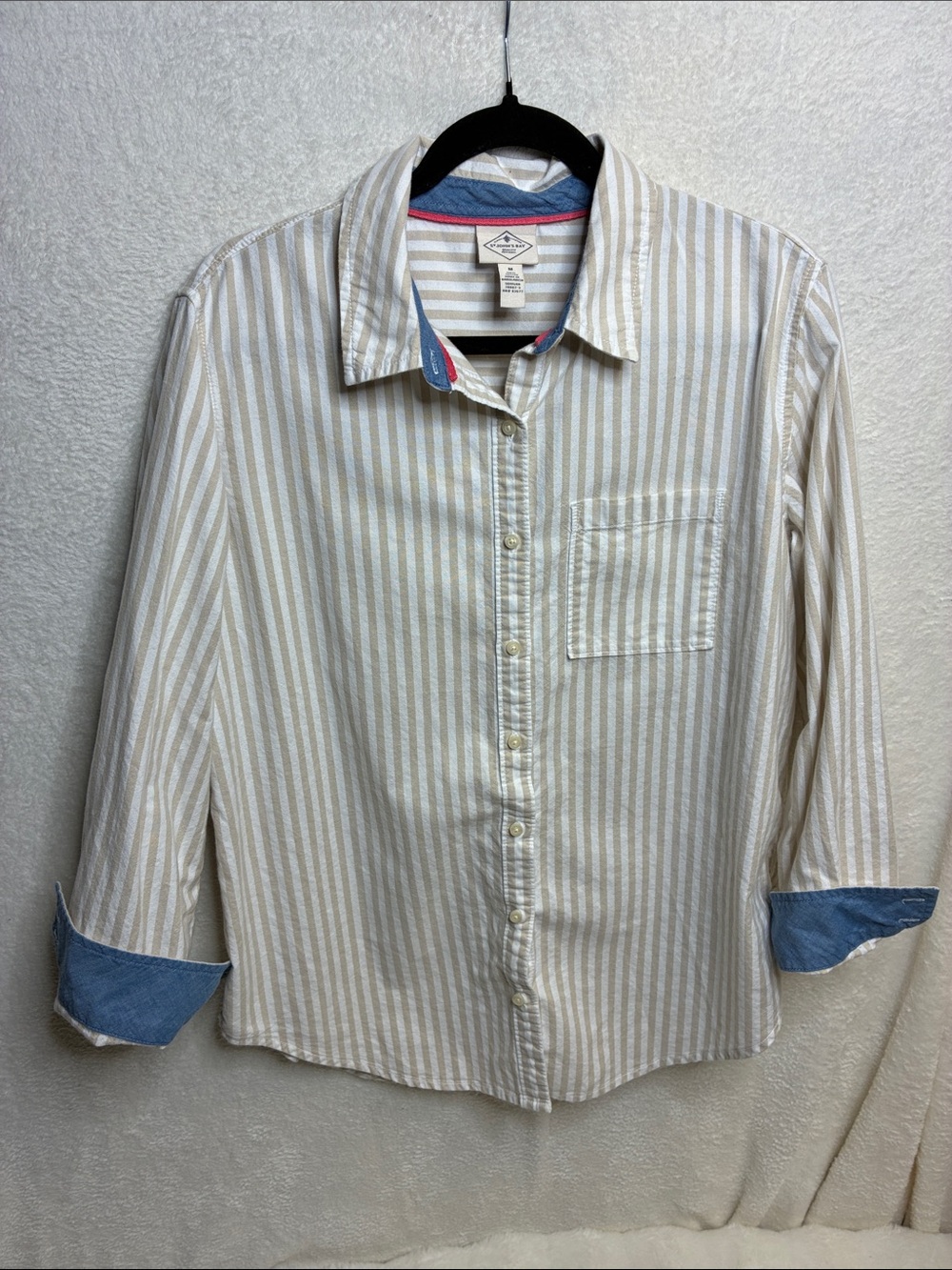 St. John's Bay Beige & White Striped Button-Down Shirt with Blue Trim
